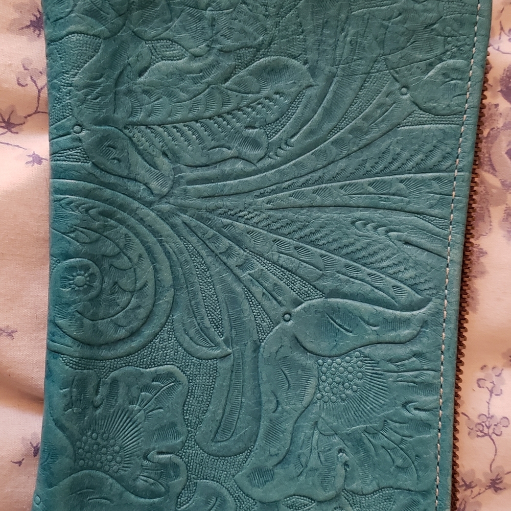 Hand tooled leather wristlet purse
